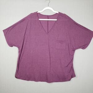 Pocket Front V-Neck Tee Shirt Purple Boxy Crop Casual Basic Everyday Size 4X